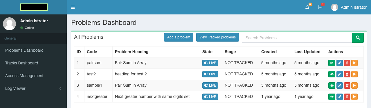 Admin Section: Problem Dashboard